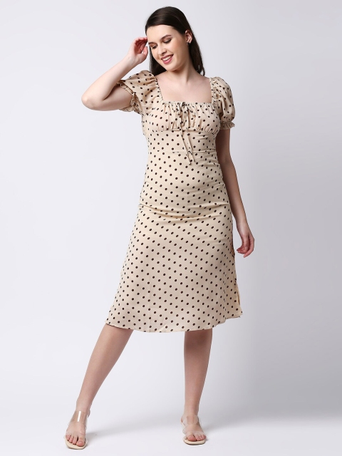 

LYKKEIN Beige & Maroon Printed A-Line Dress
