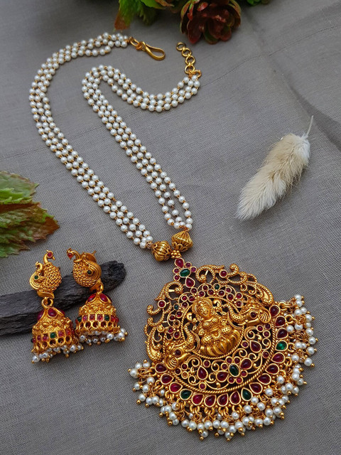 

GRIIHAM Women Gold-Plated White Red AD-Studded & White Pearl Beaded MalaLaxmi Jewelry Set