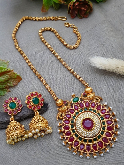 

GRIIHAM Gold-Plated White & Red AD-Studded & Pearl Beaded Jewellery Set