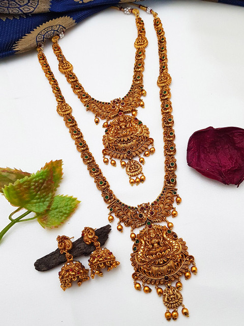

GRIIHAM Gold-Plated Green & Pink AD Studded Temple Jewellery Set