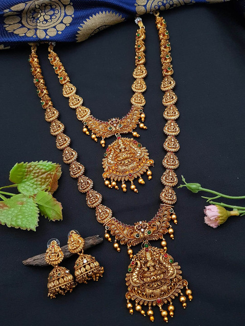 

GRIIHAM Gold-Plated White, Red & Green AD-Studded & Beaded Jewellery Set