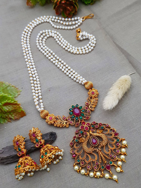 

GRIIHAM Gold-Plated Pink & Green AD Stone Studded Jewellery Set
