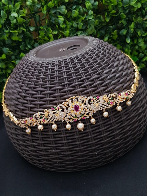 

GRIIHAM Gold-Plated Pink & White CZ-Studded Kamarbandh