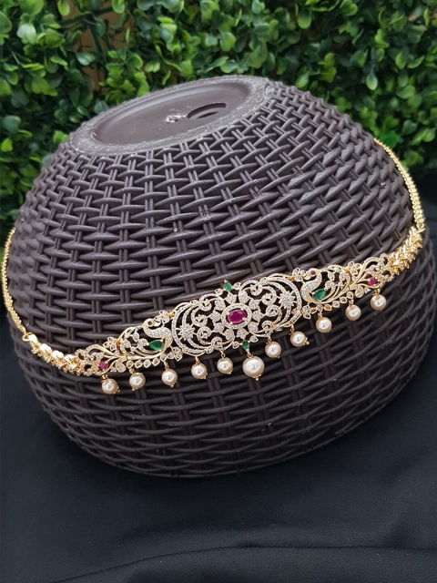 

GRIIHAM Women Gold-Plated White & Green CZ-Studded Beaded Free Size Kamarbandh