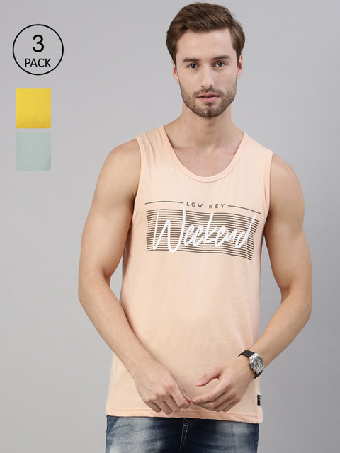 

Joven Men Pack Of 3 Yellow & Green Printed Pure Cotton Lounge T-Shirts