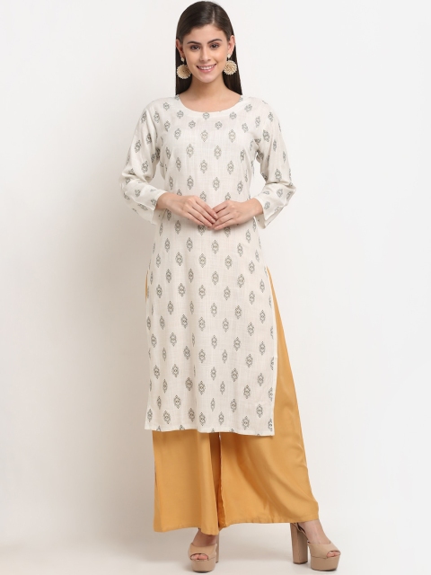 

GRACIT Women White Ethnic Motifs Printed Pure Cotton Kurta with Palazzos