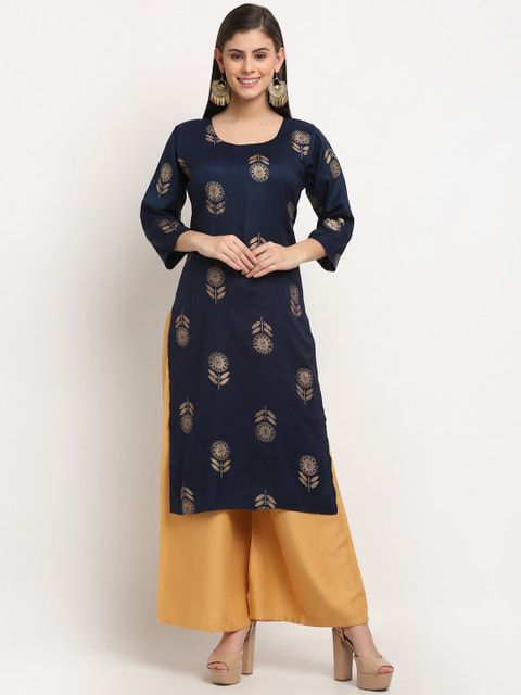 

GRACIT Women Navy Blue Floral Printed Pure Cotton Kurta with Palazzos