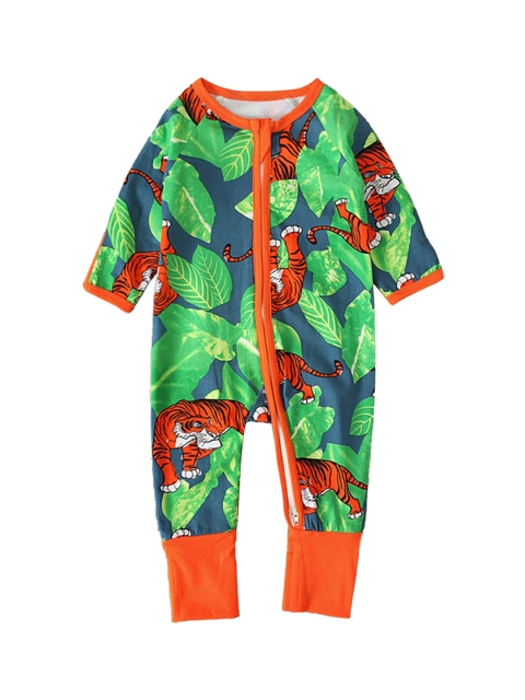 

Hopscotch Infant Boy Green & Red Printed Cotton Rompers