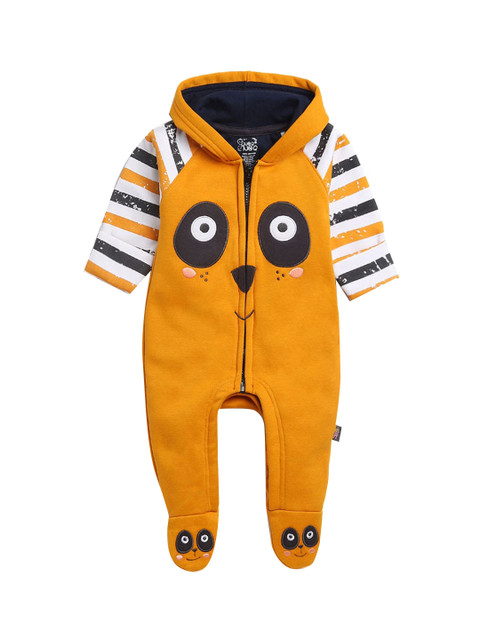 

Hopscotch Boys Yellow Panda Print Cotton Hooded Rompers