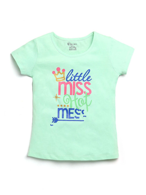

Hopscotch Kids Girls Green Typography Printed T-shirt