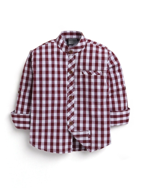 

Hopscotch Kids-Boys White Gingham Checks Full-Sleeve Mandarin Collar Casual Shirt