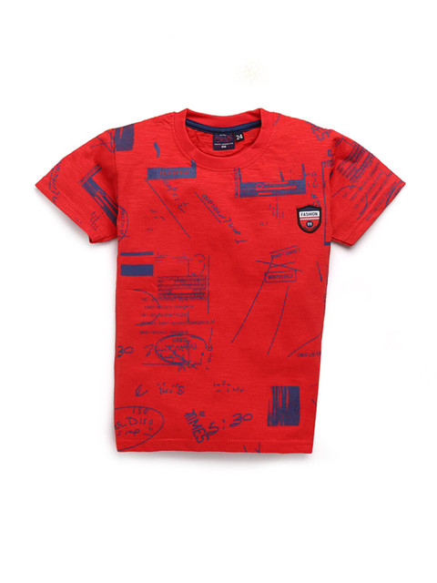 

Hopscotch Boys Red Printed Applique T-shirt