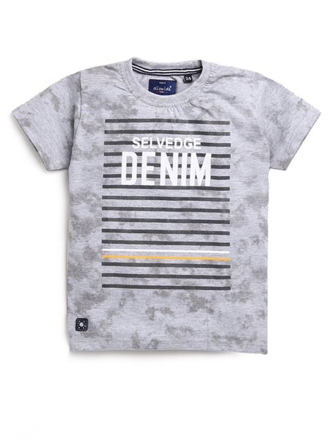 

Hopscotch Boys Grey Striped Henley Neck Extended Sleeves Applique T-shirt