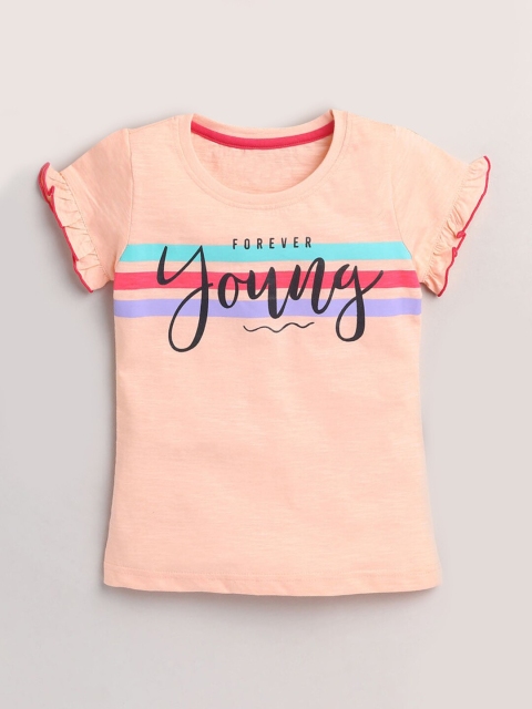 

Hopscotch Girls Peach-Coloured Typography Printed T-shirt