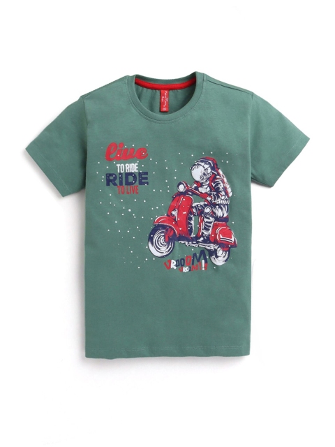 

Hopscotch Boys Green Printed Cotton T-shirt