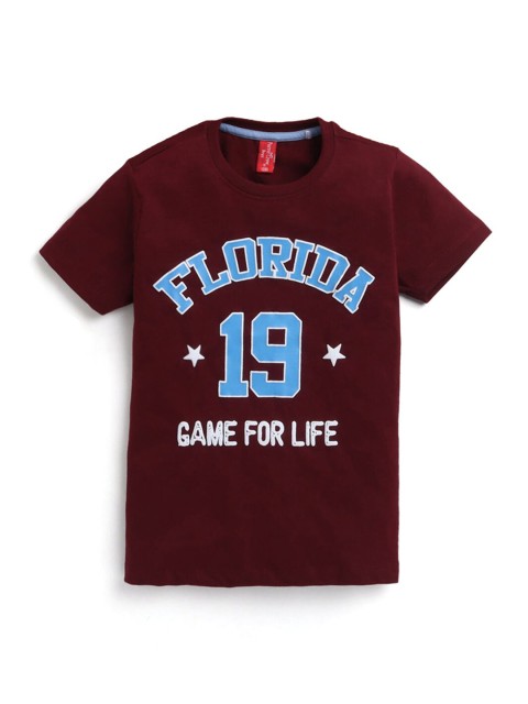 

Hopscotch Boys Brown Varsity Printed V-Neck T-shirt
