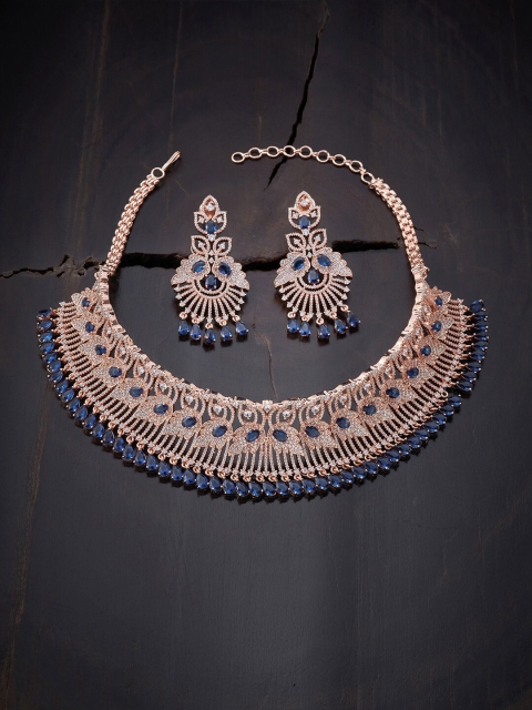 

Kushal's Fashion Jewellery Navy Blue Gold-Plated Cubic Zirconia Studded Choker Necklace Set