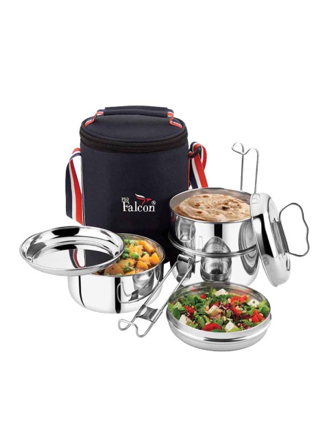 

PDDFALCON Navy Blue & Silver-Toned Solid Stainless Steel Lunch Box With Bag