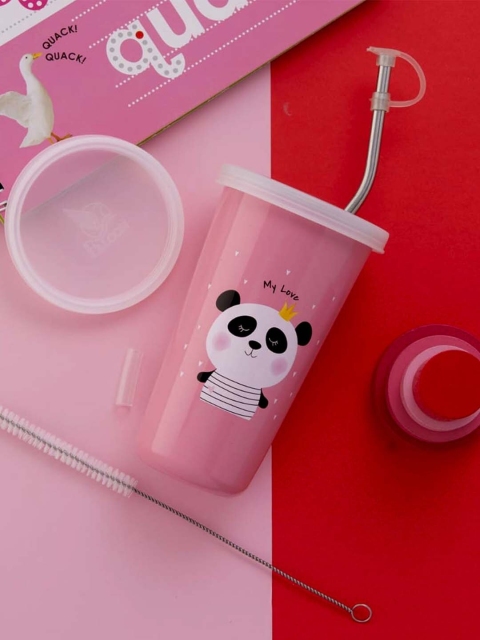 

PDDFALCON Silver-Toned & Pink Cartoon Straw Glass 370ml