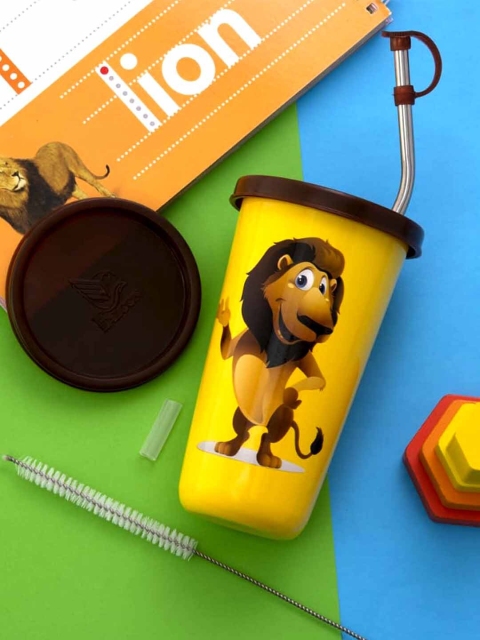 

PDDFALCON Yellow Cartoon Printed Straw Glass 370ml