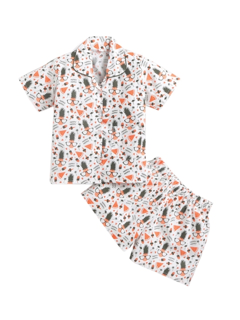 

Hopscotch Girls White & Orange Printed Pure Cotton Night Suit