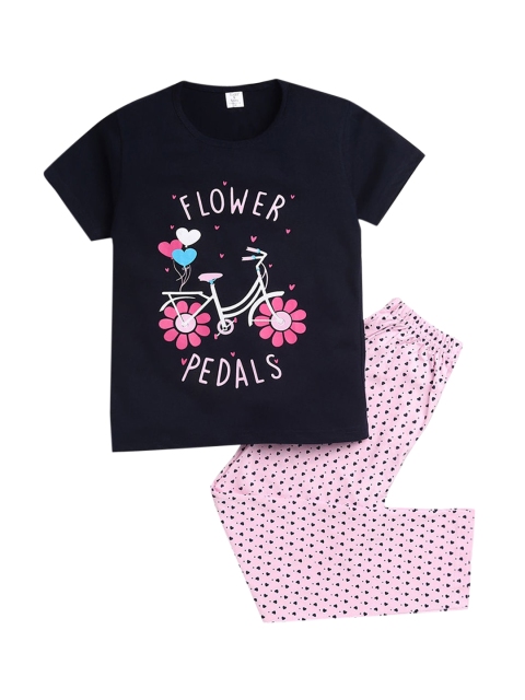 

Hopscotch Girls Navy Blue & White Printed Cotton Night suit