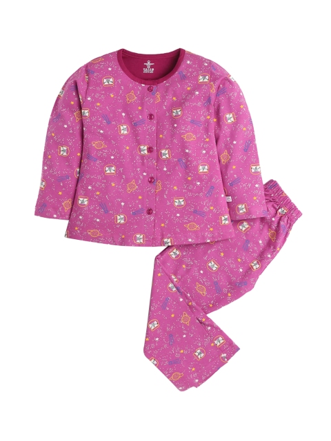 

Hopscotch Girls Pink & White Printed Pure Cotton Night Suit