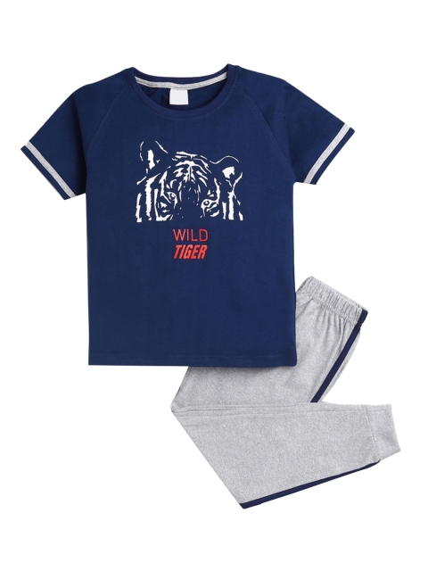 

Hopscotch Boys Navy Blue & Grey Printed Night suit