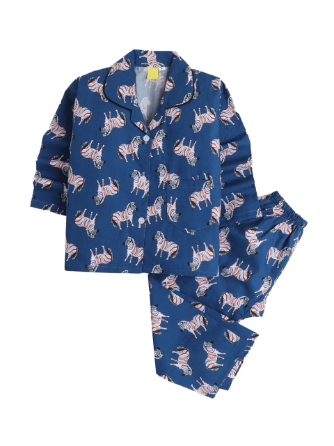 

Hopscotch Girls Blue & Black Printed Cotton Night suit