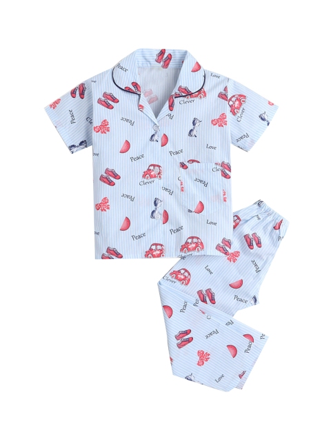 

Hopscotch Girls Blue & Red Pure Cotton Printed Night suit