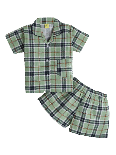 

Hopscotch Unisex Kids Green & Black Checked Night suit