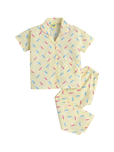 

Hopscotch Girls Yellow & Blue Pure Cotton Printed Night suit