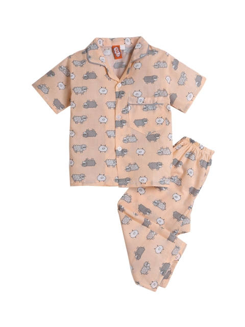 

Hopscotch Boys Peach-Coloured & Grey Pure Cotton Printed Night suit