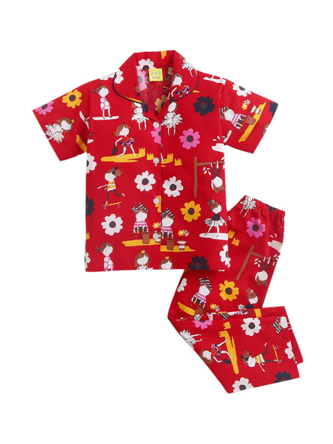 

Hopscotch Girls Red & White Printed Pure Cotton Night Suit