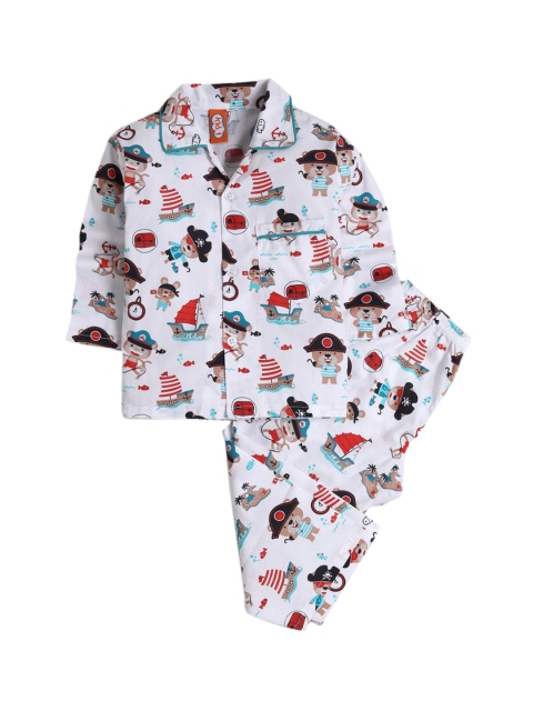

Hopscotch Boys White & Blue Printed Cotton Night suit