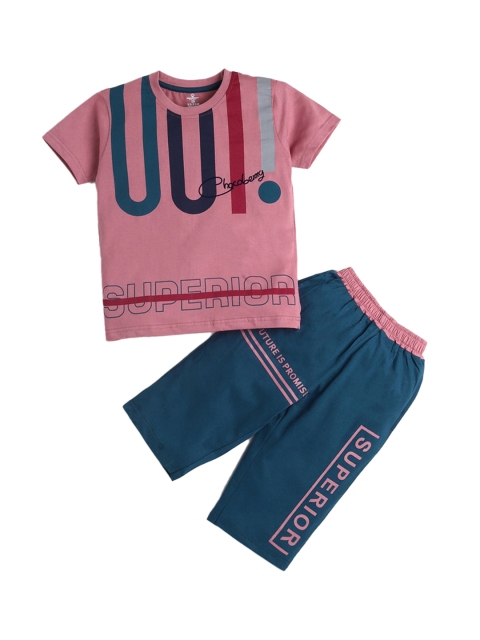 

Hopscotch Boys Pink & Navy Blue Printed T-shirt with Shorts