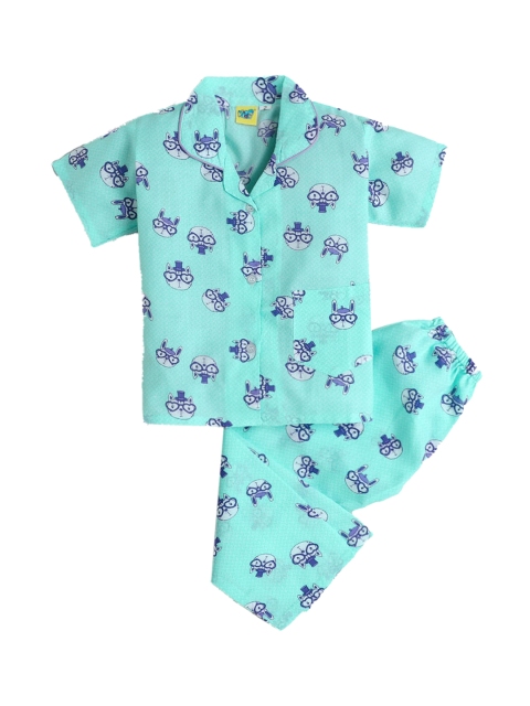 

Hopscotch Unisex Kids Blue & White Printed Night suit