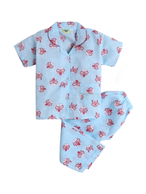 

Hopscotch Unisex Kids Blue & Red Printed Night suit