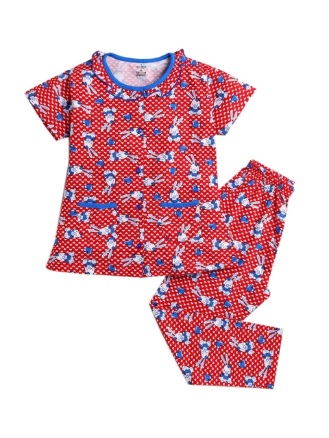 

Hopscotch Girls Red & White Printed Night suit
