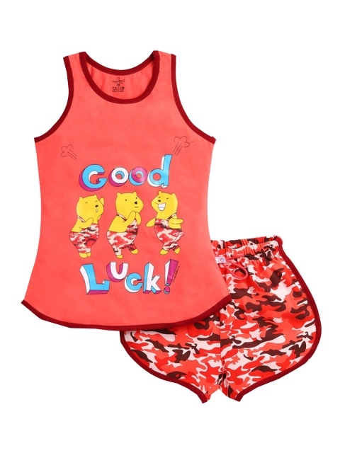 

Hopscotch Girls Peach-Coloured & Maroon Printed Night suit