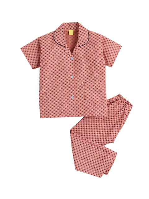 

Hopscotch Girls Peach-Coloured & White Printed Night suit