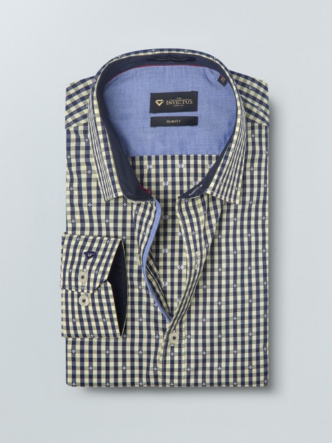 

INVICTUS Men Yellow & Navy Blue Slim Fit Checked Formal Shirt
