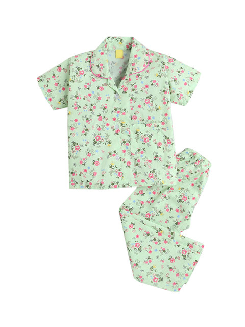 

Hopscotch Girls Green & Pink Printed Pure Cotton Night Suit