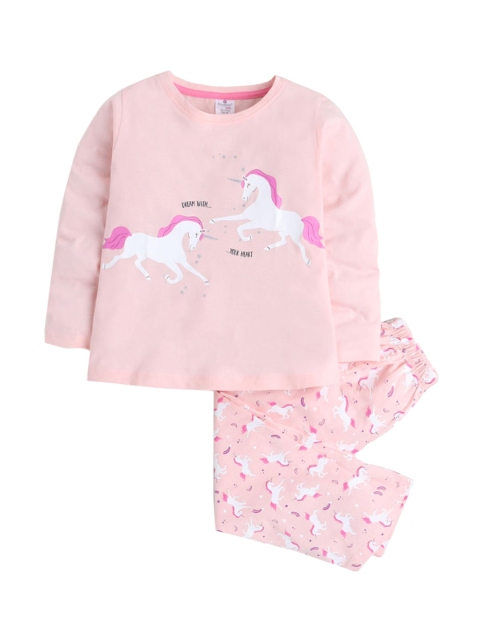 

Hopscotch Girls Peach-Coloured & White Printed Night suit