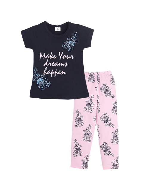 

Hopscotch Girls Pink & Black Printed Night suit