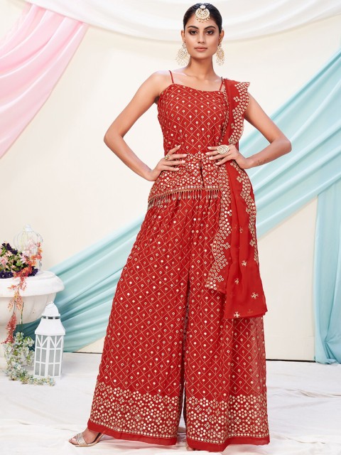 

WHITE FIRE Women Red Embroidered Georgette Kurti Set