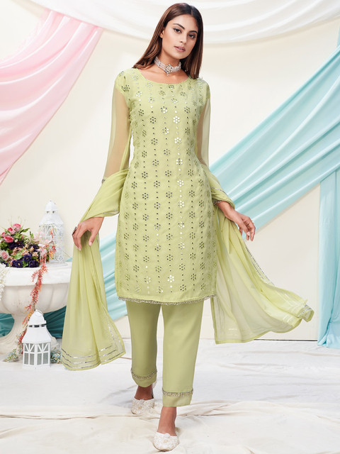 

WHITE FIRE Women Green Embroidered Kurta with Trousers & With Dupatta