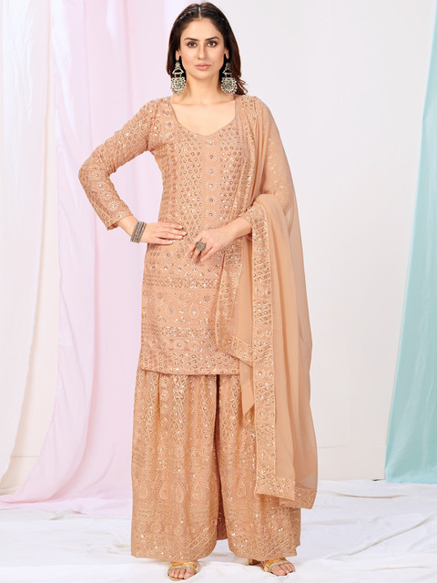 

WHITE FIRE Women Orange Embroidered Layered Gotta Patti Kurta with Sharara & With Dupatta