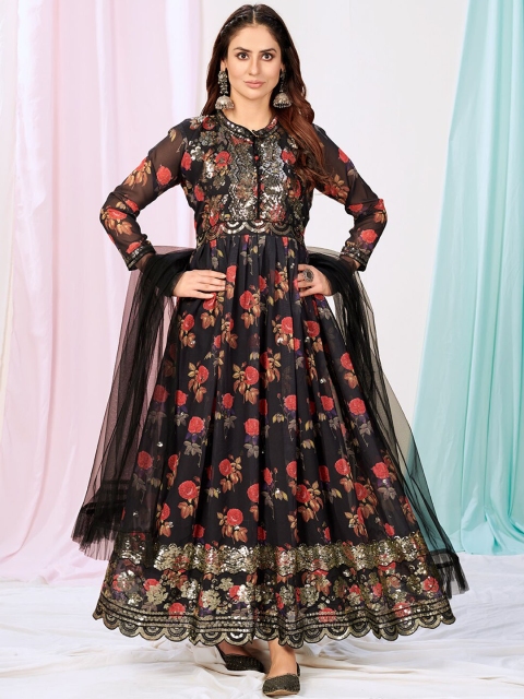 

WHITE FIRE Women Black Floral Embroidered Panelled Sequinned Kurta With Dupatta
