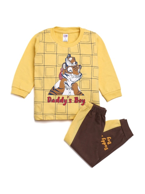 

Hopscotch Boys Yellow & Brown Pure Cotton Printed Top with Trousers